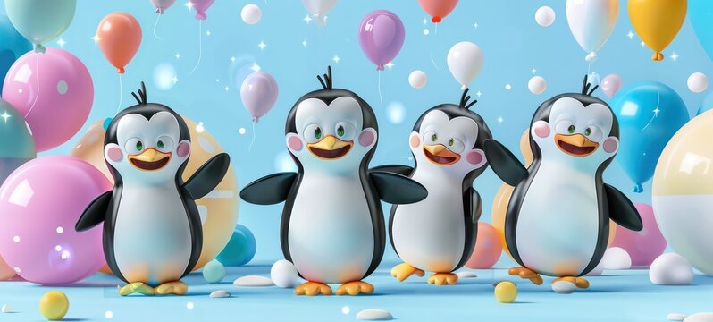 Cartoon penguin characters friends together for children friendship and play time happy joy as wide banner