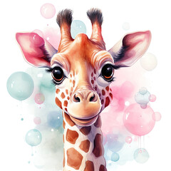 Watercolor Giraffe & Bubble Gum Illustration, Generative Ai