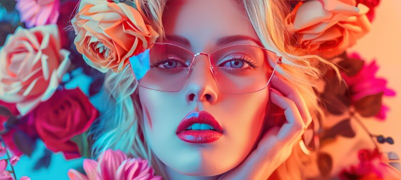 Colorful floral background with beautiful blond woman wearing fashion eyeglasses girl banner