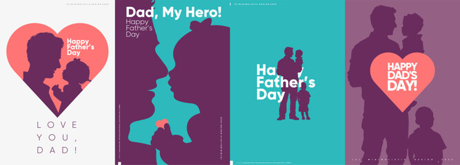 A series of vector-based Father's Day cards featuring loving silhouettes and heartfelt messages.