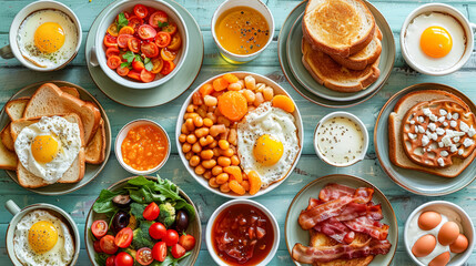 A table full of food including eggs, bacon, and toast. The table is set for a meal