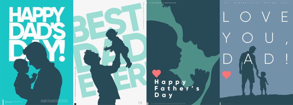 Collection of Father's Day designs featuring silhouettes, bold typography, and heart motifs.