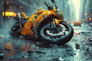 Yellow motorcycle with wet tires parked on roadside under rain