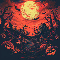 halloween, moon, night, pumpkin, tree, bat, holiday, silhouette, autumn, spooky, vector, horror, dark, illustration, scary, cartoon, celebration, cat, house, castle, october, black, orange, card, bats