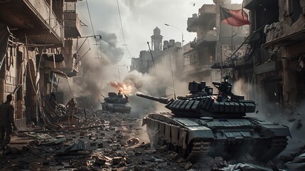 A group of militarized tanks are positioned along a city street, displaying their formidable presence in a tense and potentially volatile situation. The tanks appear ready for action, showcasing the