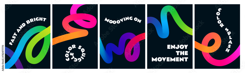 Poster Black Posters with Color Gradient Lines. Abstract Dynamic Colorful Shapes on Dark Background.