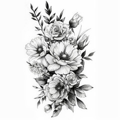 Fototapeta premium flower, floral, vector, vintage, nature, pattern, drawing, illustration, leaf, plant, design, sketch, blossom, art, seamless, decoration, flowers, rose, branch, black, summer, peony, bouquet, garden, 