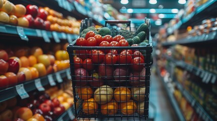 A shopping cart filled with fruits and vegetables in a grocery store, AI