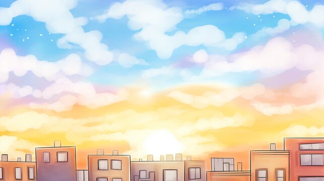 Rooftop View, Rooftop view, city bathed in sunset, pastel sky, cartoon drawing, water color style.