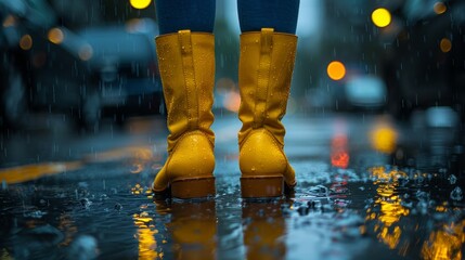A person in yellow boots standing on a wet street, AI - Powered by Adobe