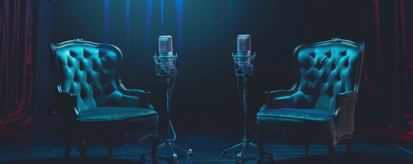 Empty stage with vintage chairs and microphones - obrazy, fototapety, plakaty