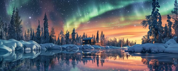 Enchanting aurora borealis over winter cabin landscape - obrazy, fototapety, plakaty