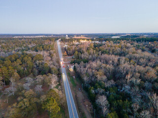 Aerial sunset landscape of forest and rural neighborhood in Grovetown Augusta Georgia