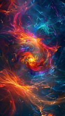 Vibrant abstract artwork depicting a swirling cosmic firestorm in rich, fiery colors - obrazy, fototapety, plakaty
