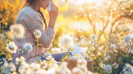 Serene Woman Enjoying Sunset in Blooming Flower Field