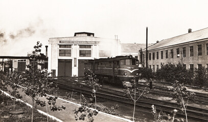 Soviet-made diesel locomotive in the depot. Vintage. Retro.