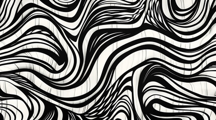 This intriguing black and white abstract pattern features swirling and wavy lines.