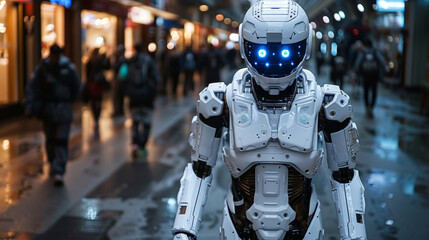 A robot with glowing eyes walking down a city street, AI