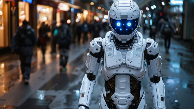 A robot with glowing eyes walking down a city street, AI