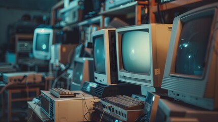 A row of old computer monitors are stacked on top of each other - obrazy, fototapety, plakaty