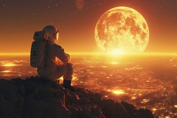 An astronaut sits on a mountain top overlooking a fiery planet. The moon is visible in the sky, and the astronaut looks at it.
