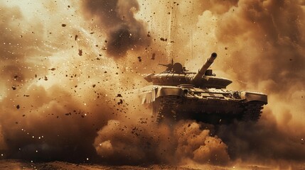 A powerful military tank is flying through the air, unleashing a barrage of firepower during a fierce battle. The tanks turret is rotating, and its tracks are in motion as it defies gravity.
