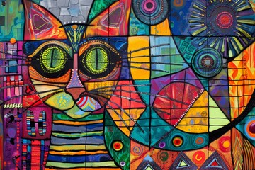 Fototapeta premium Very colorful cat illustration, multi-color kitten painting, decorative art drawing