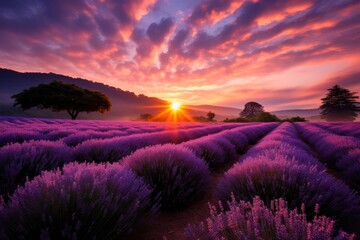 a field of lavender with the sun setting behind it