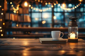 Fototapeten A coffee cup, book, and lantern sit on a rustic wooden table © Irina