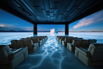 a room with chairs and iceberg in the background - obrazy, fototapety, plakaty