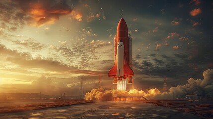 A red rocket is seen taking off into the sky, leaving a trail of smoke behind. The powerful engines propel the rocket upwards, symbolizing a journey into space.