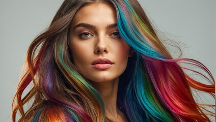 Fototapeta premium girl with perfection long multi-colored hair