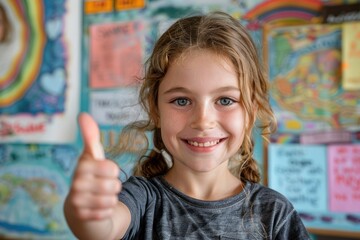 A girl with blue eyes and a gray shirt shows thumbs up in front of a colorful bulletin board in the classroom.
