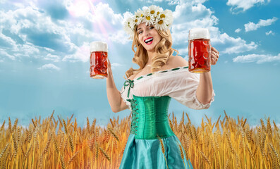 Midsummer woman waitress serving big beer mugs during beer party. Wheat or barley field. Blonde girl with wreath daisies flowers in her hair celebrating traditional beer festival outdoor