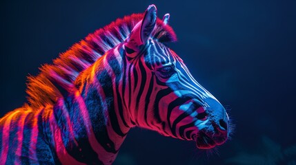 Fototapeta na wymiar Striking zebra illuminated by vibrant neon lighting against a dark background