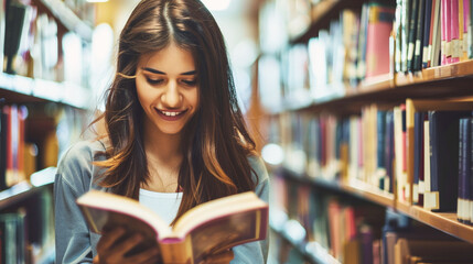 Young Happy Female Student Borrowed a Book From a College Library. Attractive Woman Hungry for Knowledge, Browsing the Pages, Reading - obrazy, fototapety, plakaty