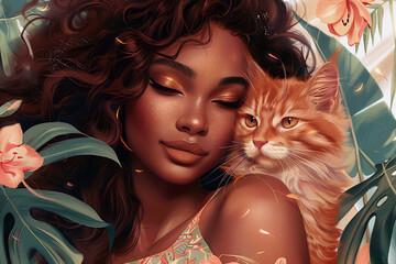 African American Woman with Curly Hair Embracing Red Cat against Floral Background