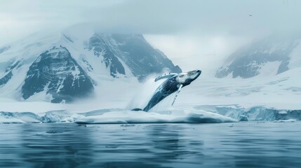 A powerful humpback whale leaps out of the icy waters near Antarctica, showcasing its immense size and strength as it breaches above the surface.