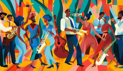 A vibrant and lively illustration of people dancing to jazz music, showcasing the energy in Black African American retro style with bold lines and flat colors Generative AI