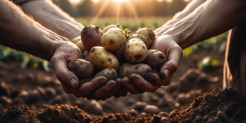 Hands with potatoes against field. Harvesting vegetables - obrazy, fototapety, plakaty
