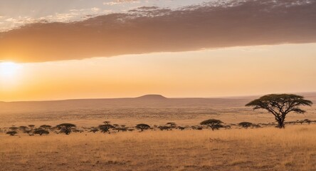 Landscape Africa, vast plains of the Serengeti, golden, hour - obrazy, fototapety, plakaty
