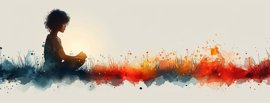 colorful free thinking dreamy world of kids, silhouette of a little kid sitting on a colourful paint colour effected texture background and looking up with blank copy space 