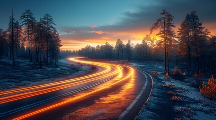 Twilight drive: curving road with light trails - obrazy, fototapety, plakaty