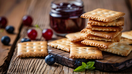 Crackers with jam berry in the wooden background