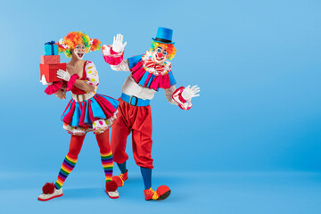 Funny female clown with gifts, man entertainer dressed as a colorful Joker in a suit and wig, with clown whiteface makeup. She is a trickster, jester, pantomime, mime, professional actor