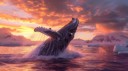 A humpback whale, known for its immense size, breaches the icy waters as the sun sets in the background, creating a stunning silhouette against the colorful sky.