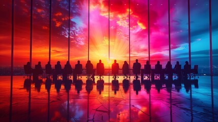 Silhouettes of business professionals in a boardroom with a vibrant sunset backdrop