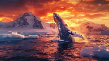 A majestic humpback whale breaches the icy waters of Antarctica, showcasing its impressive strength and agility as it leaps out of the water.
