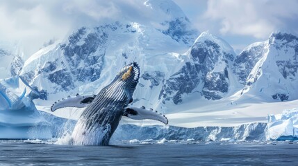 A majestic humpback whale breaches the icy waters, soaring into the air before splashing back down in a powerful display of strength and agility.