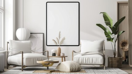 mock up poster frame in modern interior background, close up, living room, Scandinavian style, 3D render